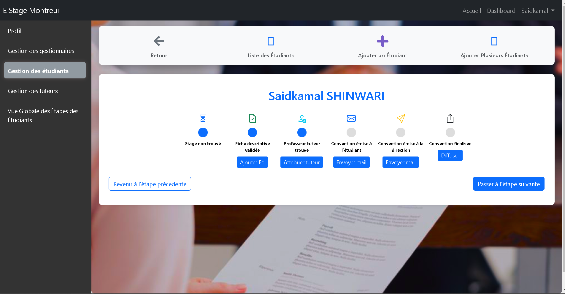 Aperçu 2 - Application des gestion des stages