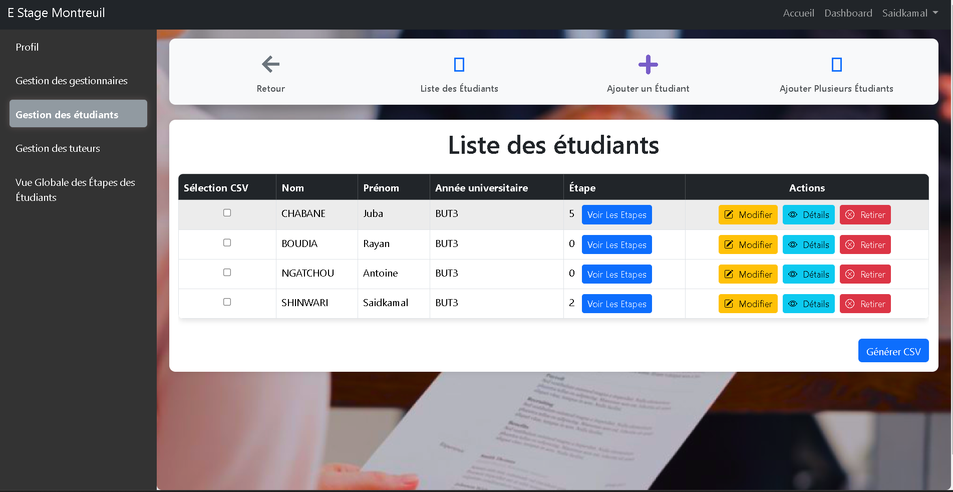 Aperçu 3 - Application des gestion des stages